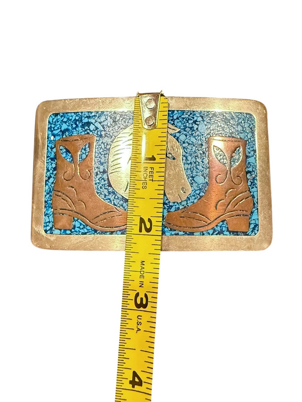 Vintage Southwestern Horse Head & Cowboy Boots Brass Belt Buckle Turquoise Inlay - Picture 5 of 7